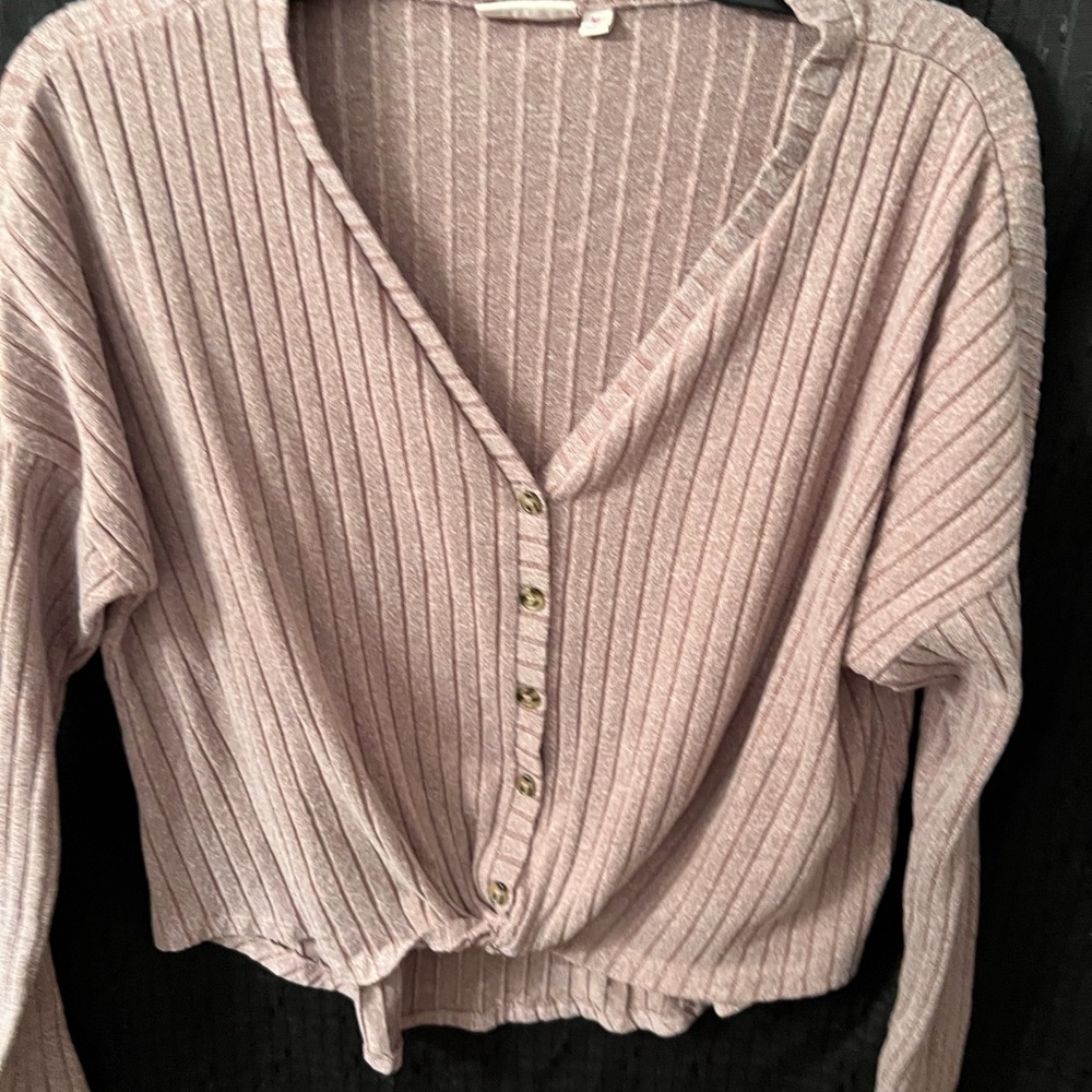 SO Pink Ribbed Cardigan Medium Button Up Twist Front V Neck Long Sleeve Top